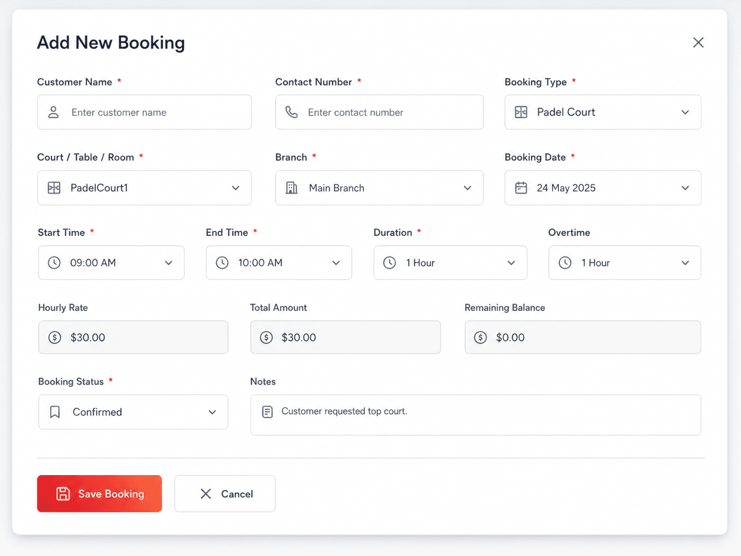 Gymzol add new booking form