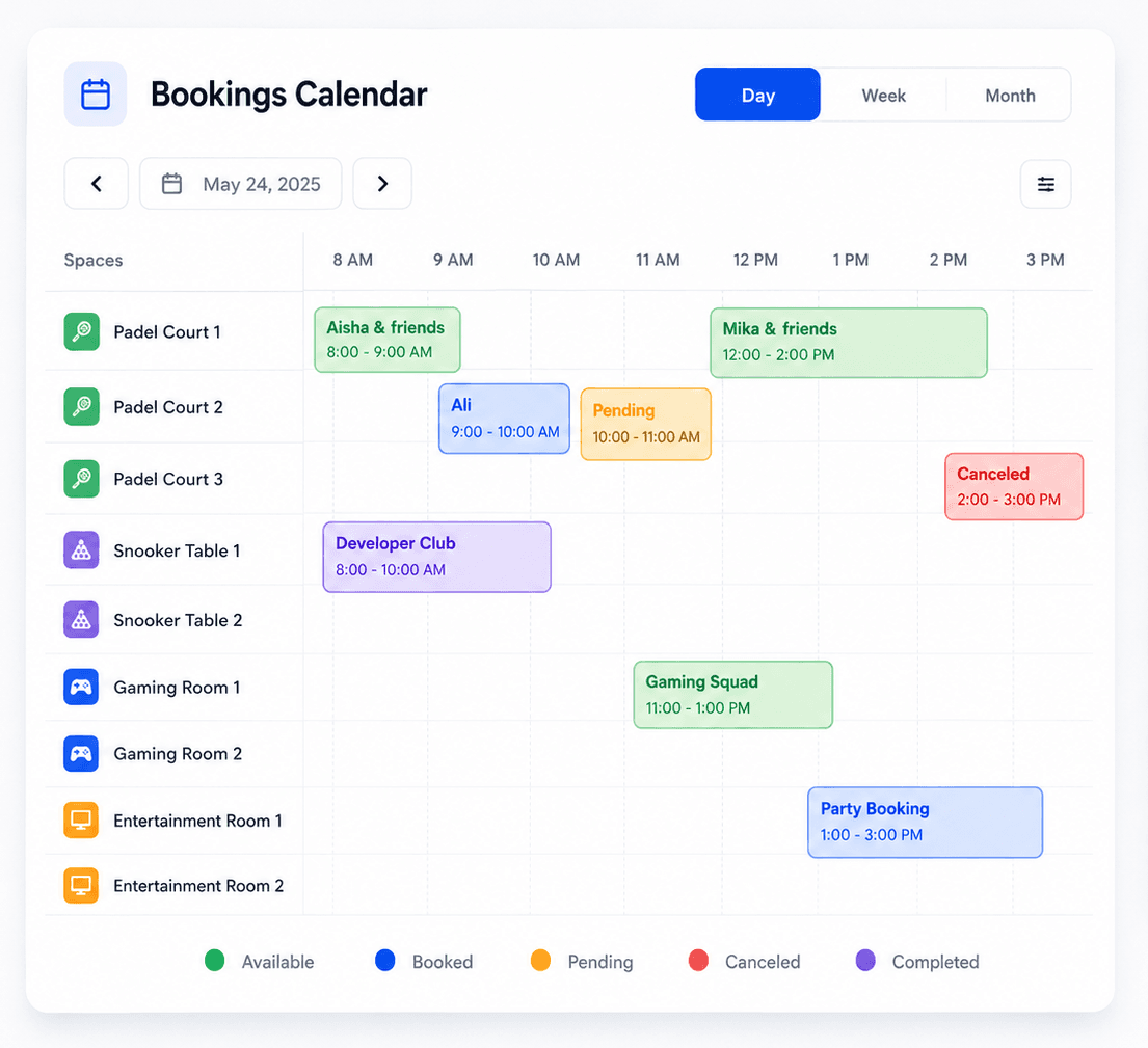 Gymzol smart booking calendar with hourly slots and booking status