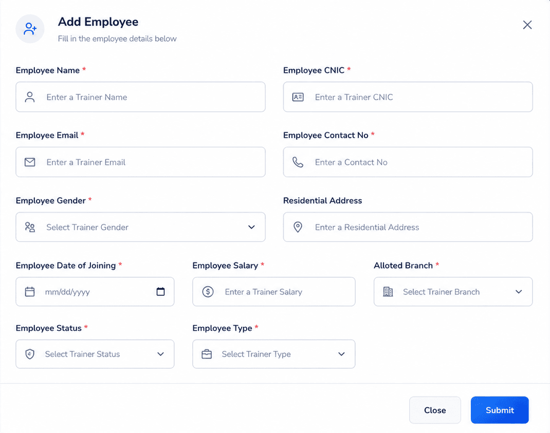 Gymzol add employee form