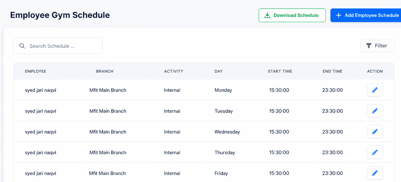 Gymzol employee gym schedule table