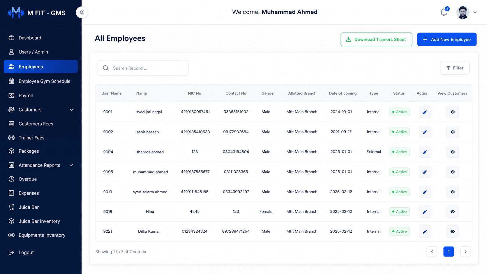 Gymzol Employees Staff and Trainers Management dashboard