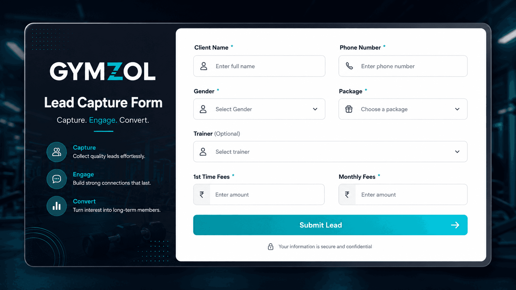 Gymzol lead capture form with client details and submit lead button