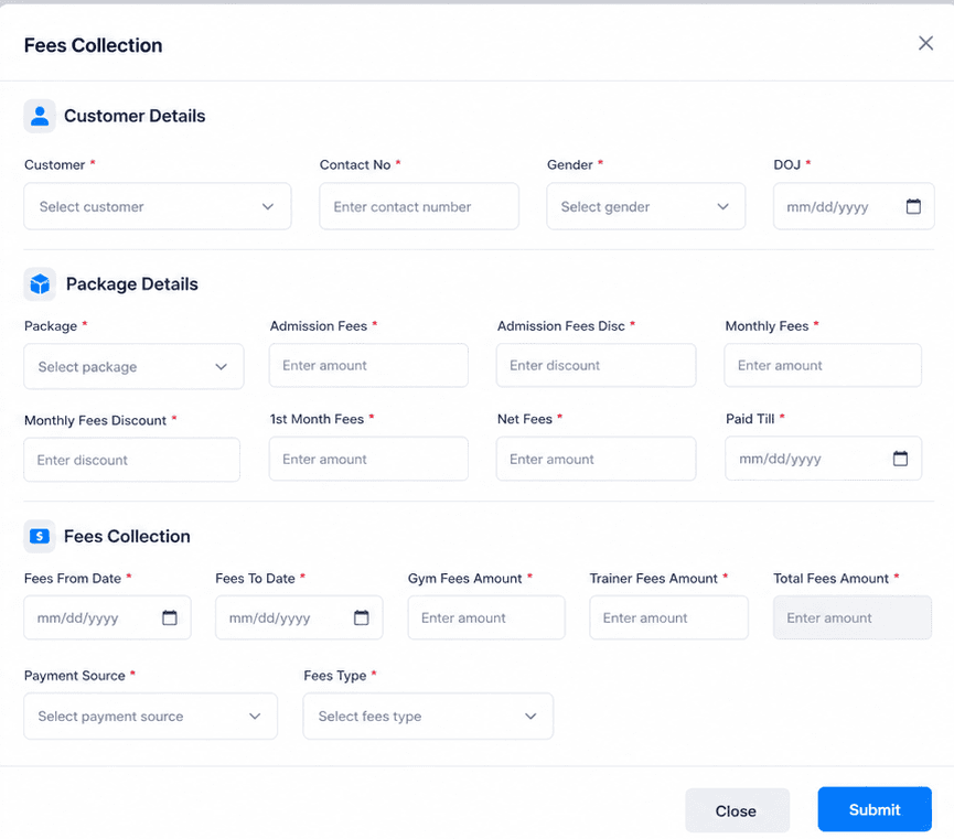 Gymzol collect customer fees form