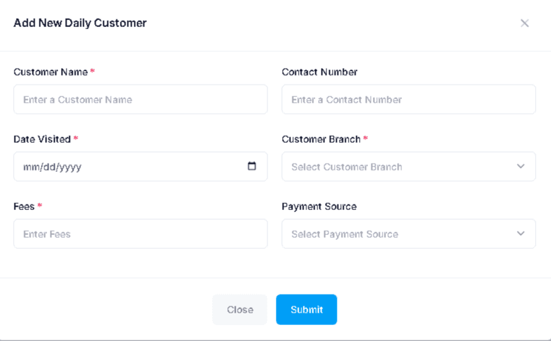 Gymzol add new daily customer form