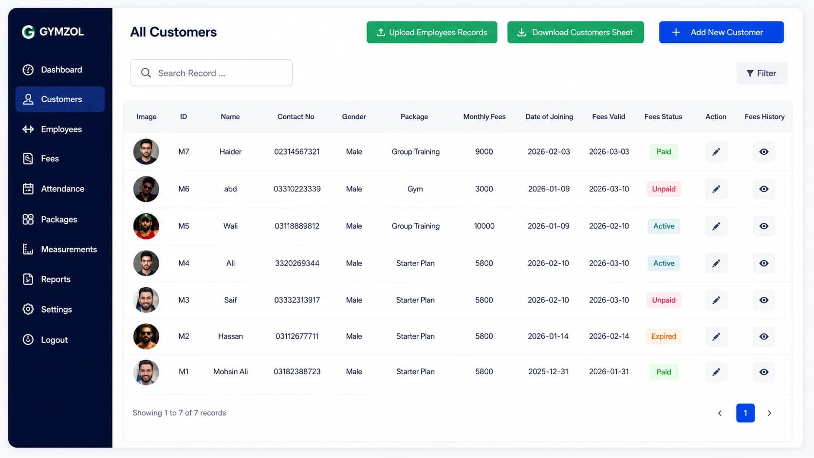 Gymzol members management dashboard showing customer records, packages, fees, status, and fee history