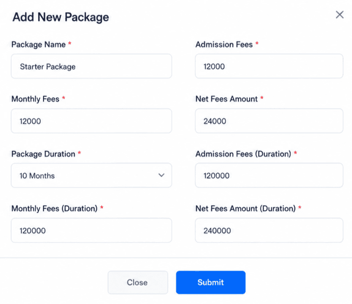 Gymzol Add New Package form