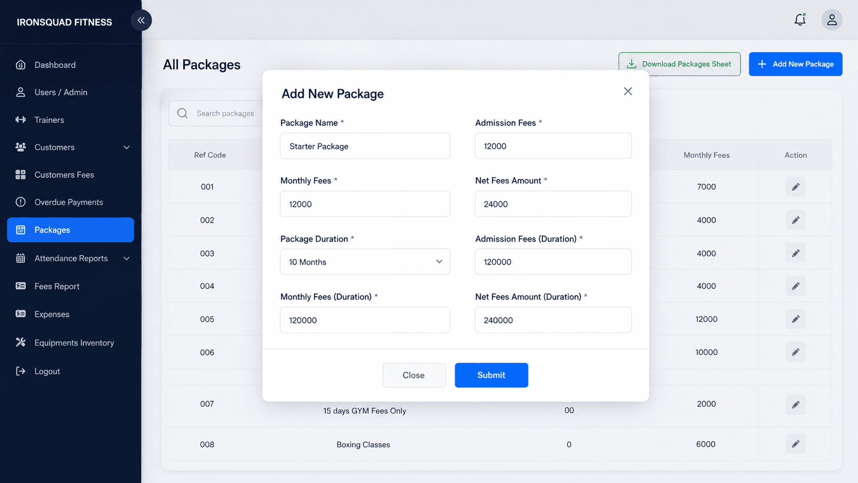 Gymzol Packages Builder dashboard