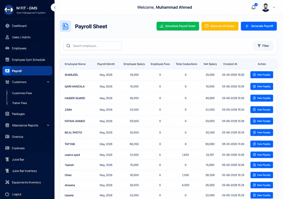 Gymzol payroll sheet dashboard with salary commissions and payslip controls