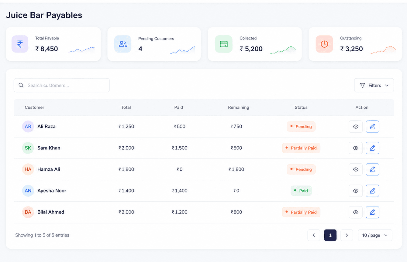 Gymzol customer payables dashboard with pending and paid balances